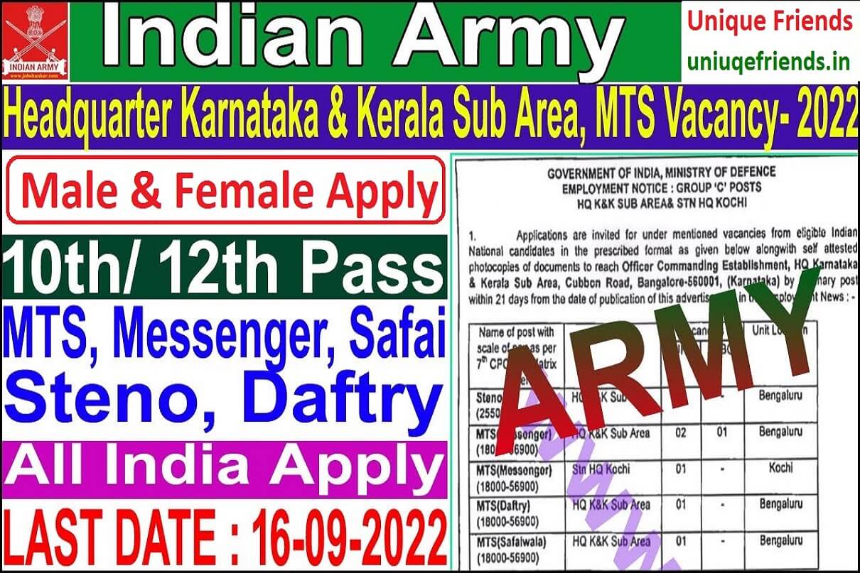 HQ Karnataka Sub Area Recruitment 2022 Notification Application Form MTS, Steno Post
