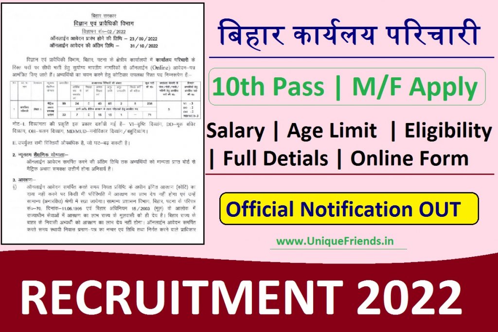 Bihar Karyalay Parichari Recruitment 2022 Apply Online Notification | Salary, Age Limit Eligibility