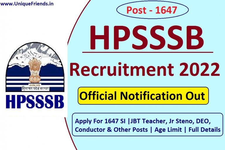 HPSSSC Recruitment 2022 Notification Apply For 1647 SI, JBT Teacher, Jr Steno, DEO, Conductor & Other Posts Big News