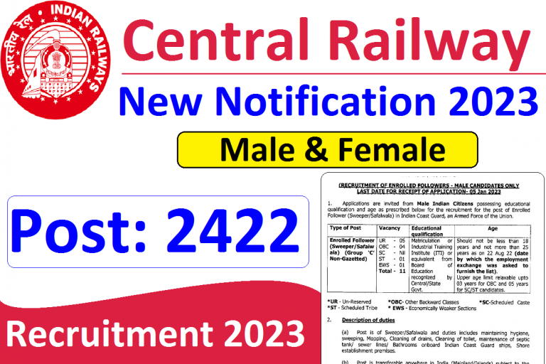 Central Railway Apprentice Recruitment 2023 For 2422 Posts at cr.indianrailways.gov.in 10th12thGraduate Can Apply