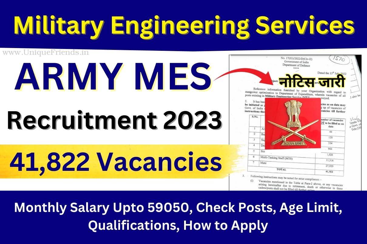 Army MES Recruitment 2023 Monthly Salary Upto 59050 41822 Vacancies Check Posts Age Limit Qualifications How To Apply 