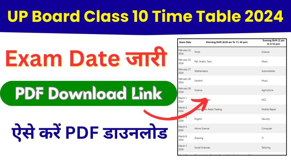 UP Board Class 10 Exam Date Sheet 2024 | UP Board Class 10 Time Table 2024 | PDF Download Link