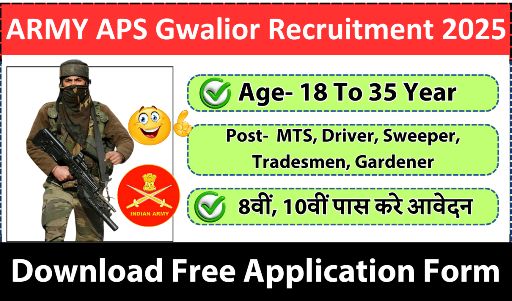 ARMY APS Gwalior Recruitment 2025 » Notification For MTS, Driver, Tradesmen Post | Free Application Form