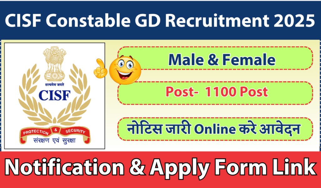 CISF Constable GD Recruitment 2025 Notification For 1100+ Post and Apply Online form