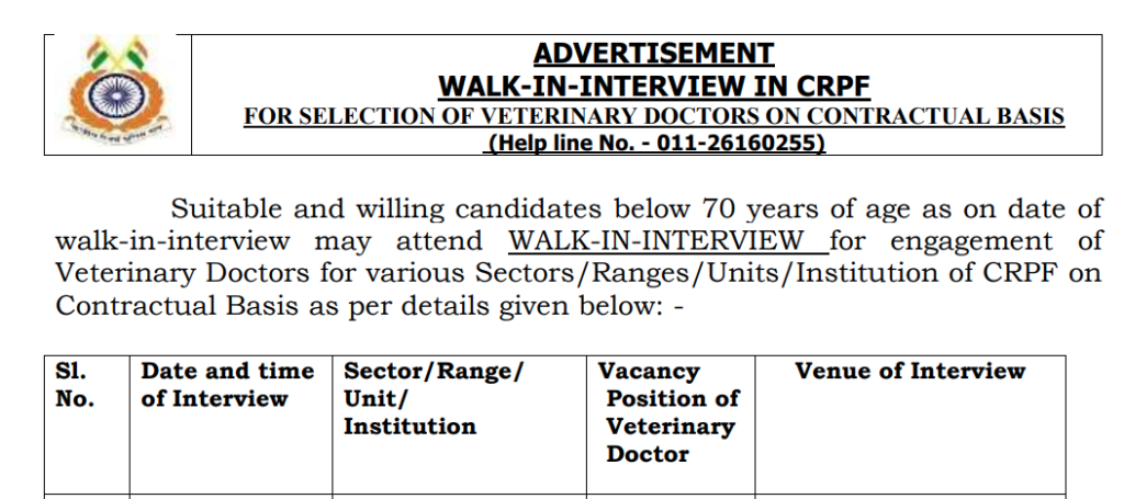 CRPF VD Recruitment 2025 » Notification Out for Walk in for 15 Posts